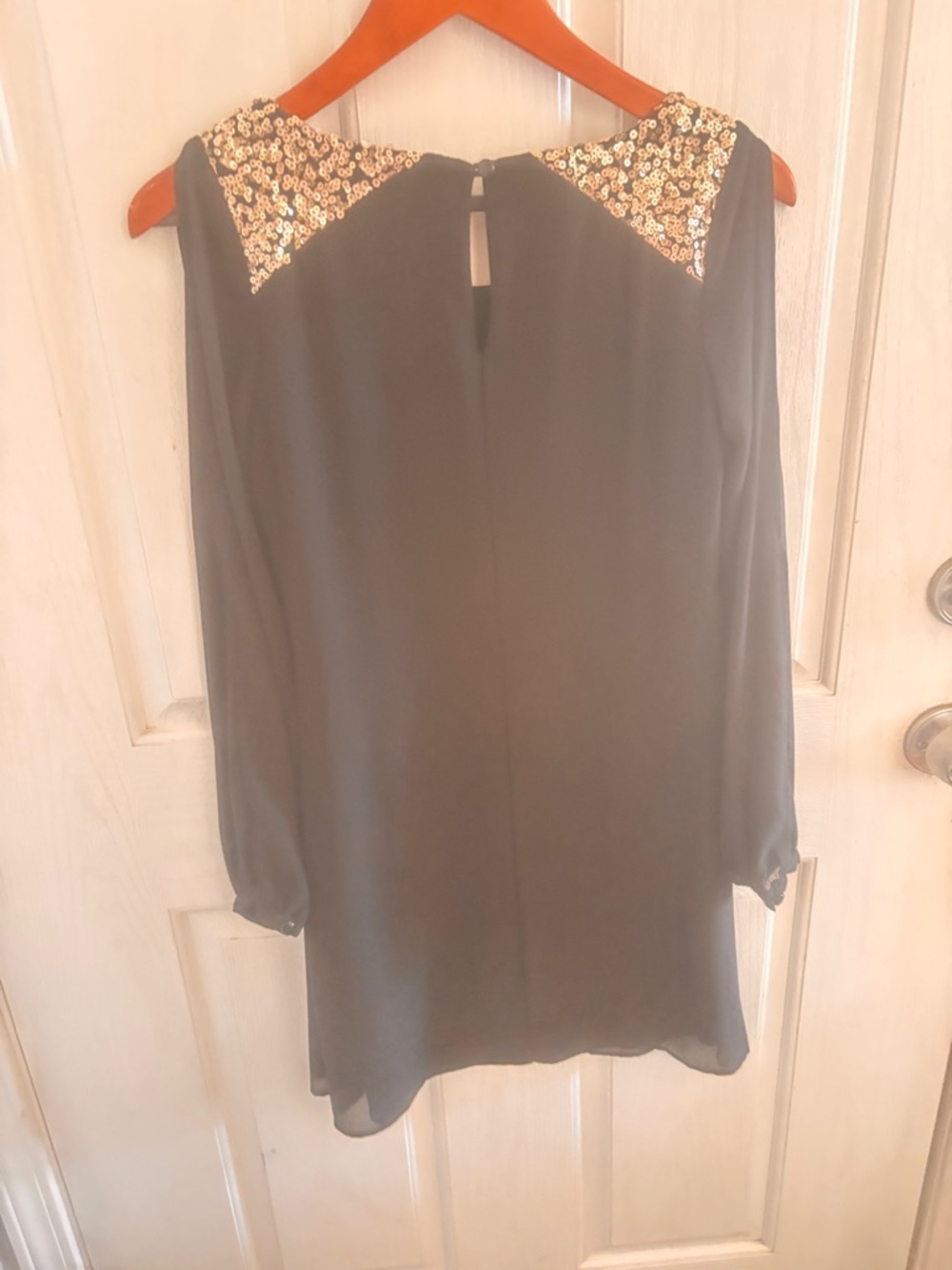 Sequin Hearts Black Chiffon Shift Dress Gold Sequin Shoulder Small - Picture 7 of 7